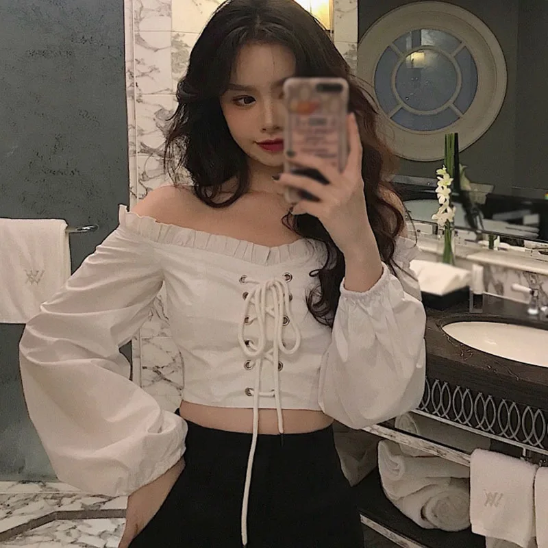 Women\'s Shirt Spring Court One Neck Off Shoulder Lace Up Short Two Wear High Waist Bubble Sleeve Blouse