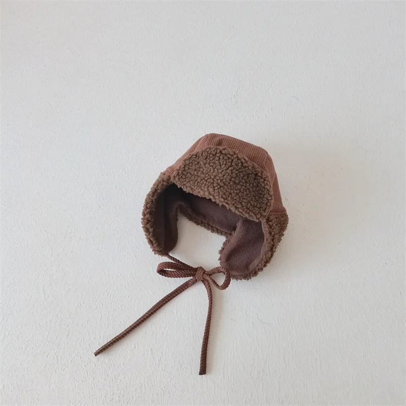 Autumn Winter Children Plus Velvet Earmuffs Windproof Coldproof Warm Corduroy Cap Boy Girl Baby Fleece Cotton Thicken Solid Hat