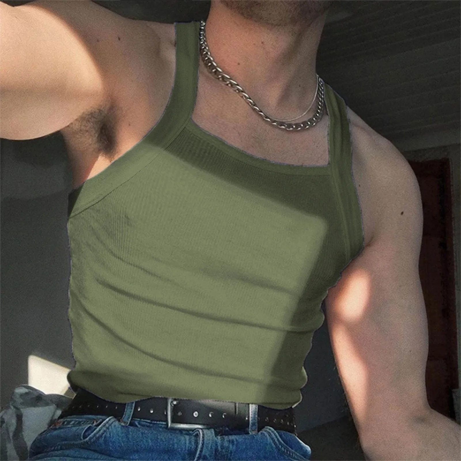 Casual Slim Fit Tank Crop Top For Men Summer Square Collar Sleeveless Blouse Top Men’s Fashion Solid Color Vest Men Clothing