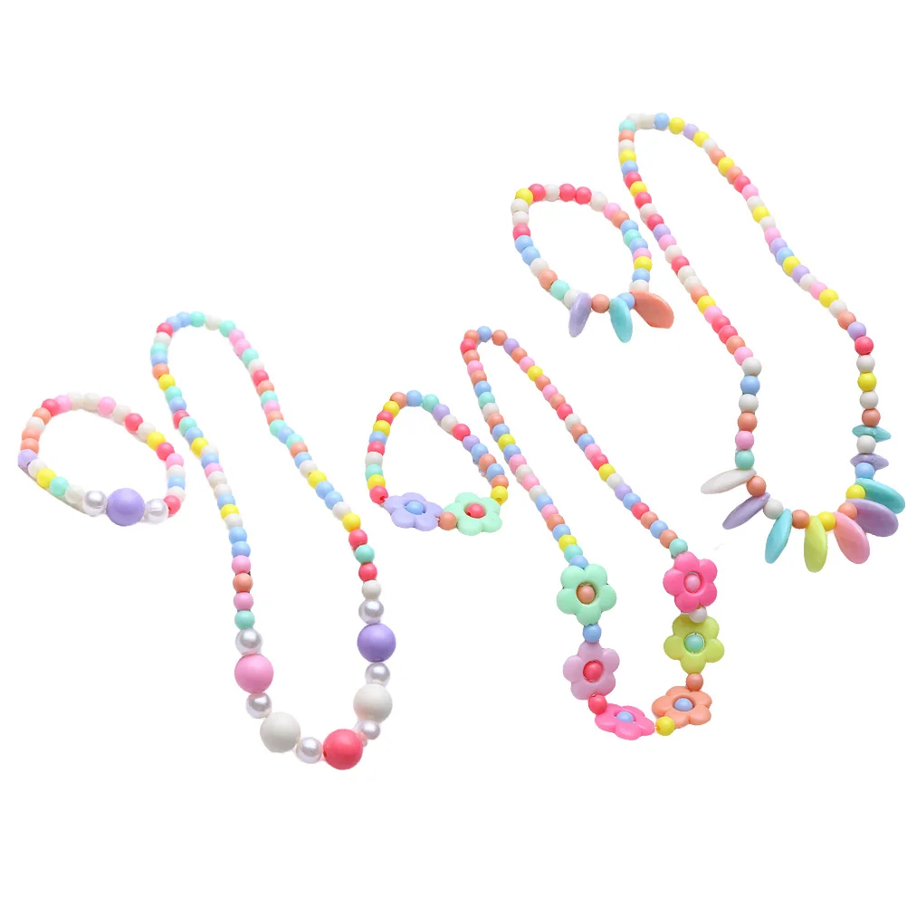Children Jewelry Set Resin Flower Beaded Necklace Bracelet For Girls Kids Toddler Christmas Party Beach Birthday Gift Decor