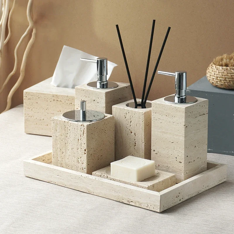 

Beige Travertine Bathroom Accessories Set Natural Marble Soap Dispenser Soap Dish Reed Diffuser Vanity Tray Bathroom Set