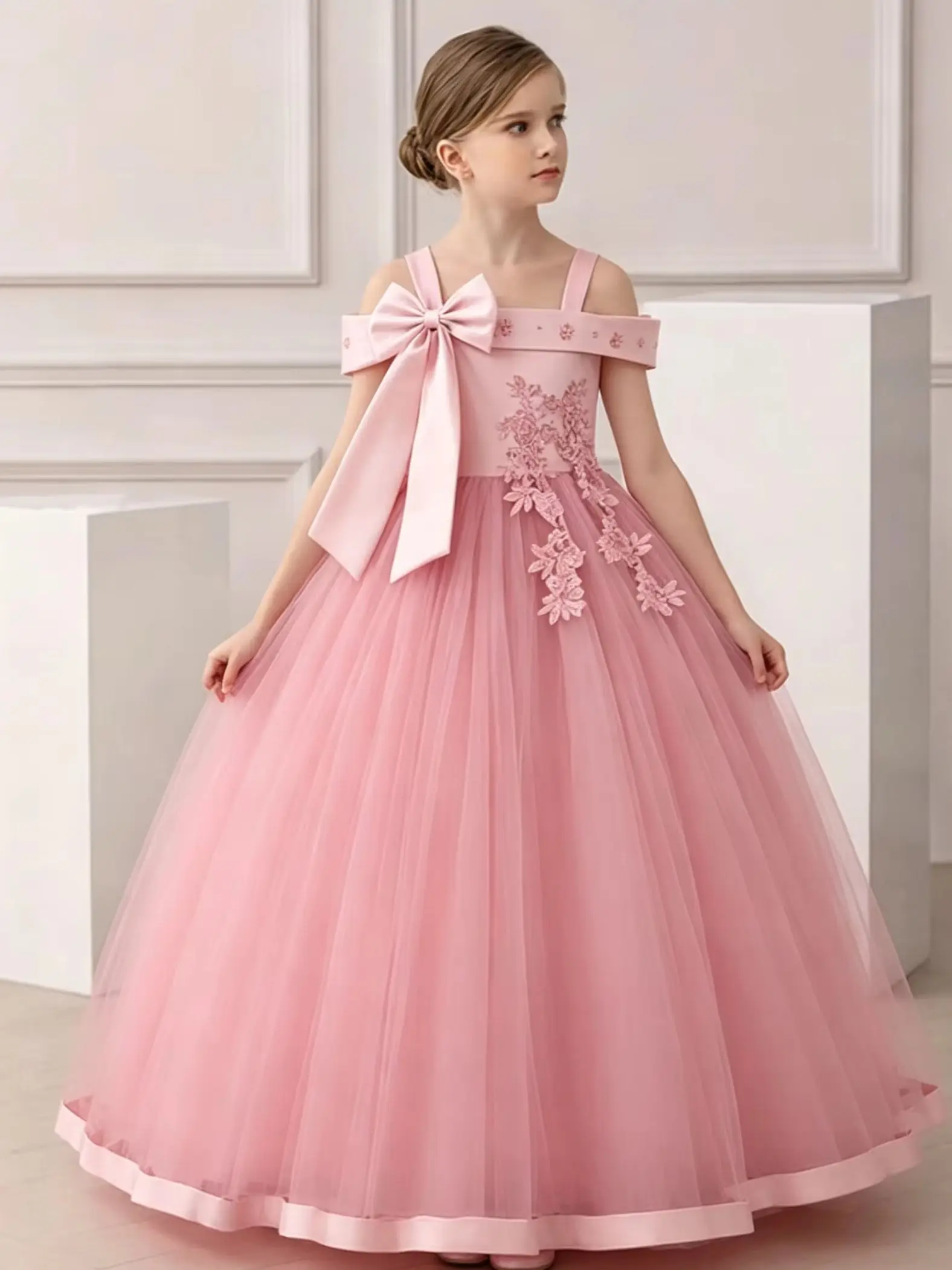 Summer Girls' New Solid Color Butterfly Bow Decal Pearl Suspender Long Mesh Princess Dress Birthday Party Wedding Evening Dress