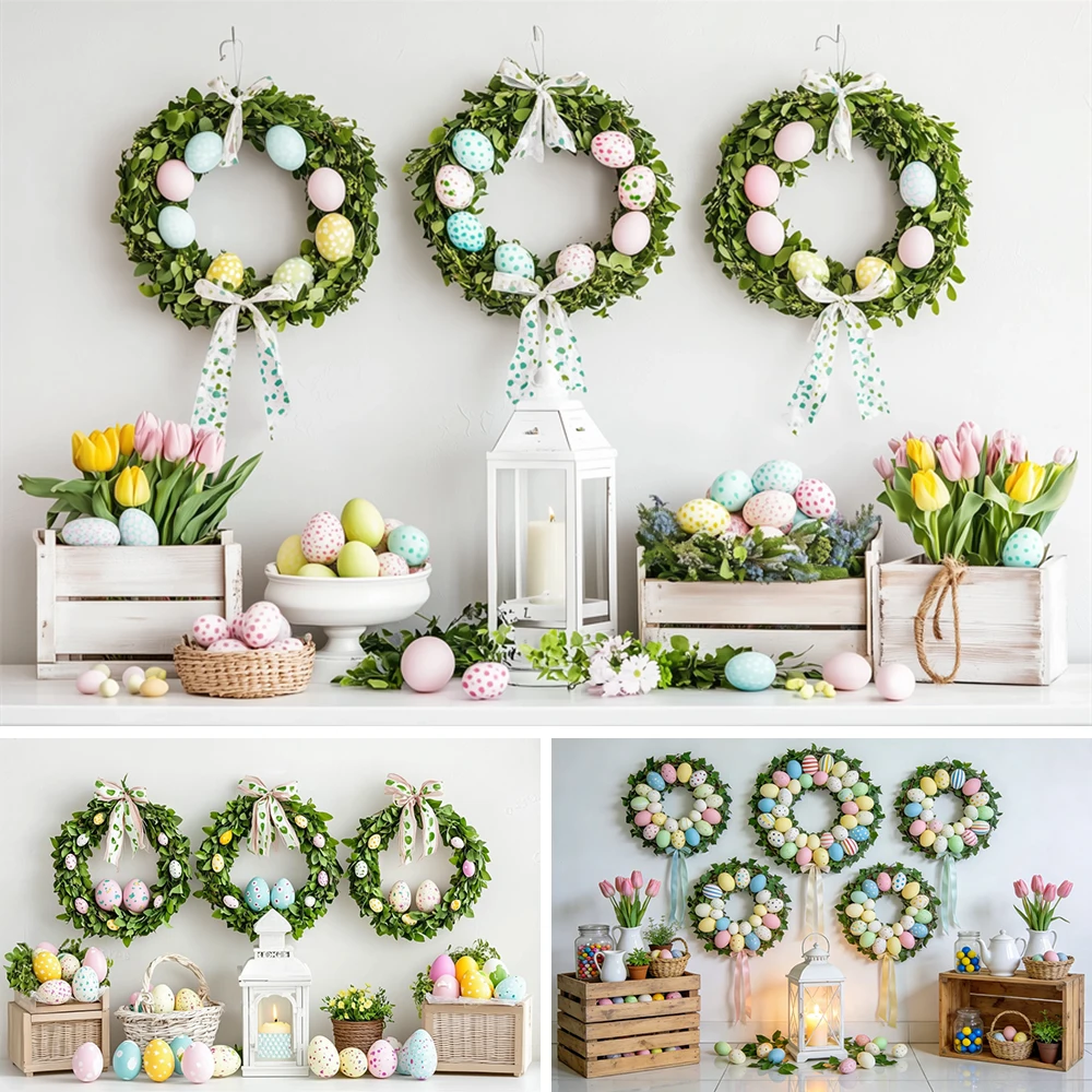 

Easter Baby Photography Backdrop Spring Theme Floral Green Wreath Pastel Colored Eggs Newborn Portrait Photo Studio Background
