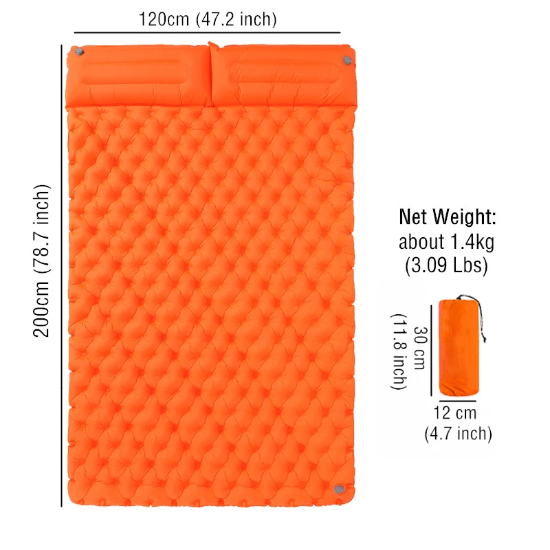 Outdoor Camping Sleeping Mat with Pillow Ultralight Inflatable Mattress Waterproof Pad Thick with Inflatable bag for 2 People