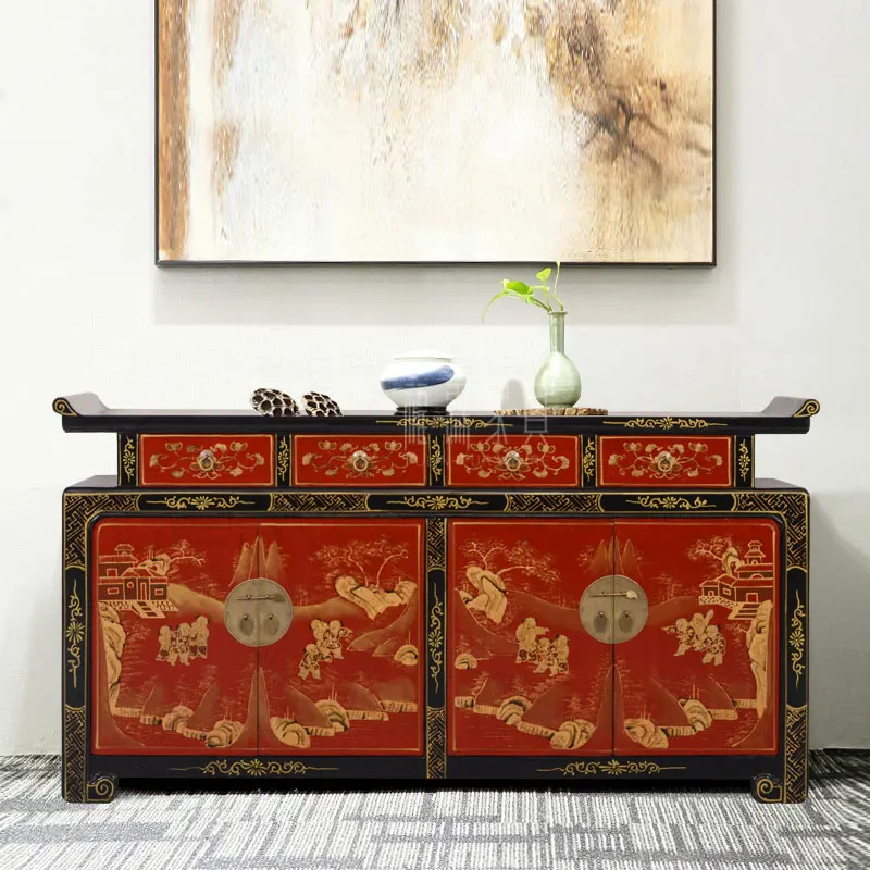 New Chinese Furniture Solid Wood Gold Warped Head Antique Sideboard Cabinet Entrance Foyer Storage