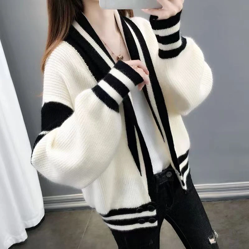 Patchwork Sweater Women Knitted Loose Elegant Black White Fashion Cardigan Lazy Strip V-neck Long Sleevekorean Female Jumpers