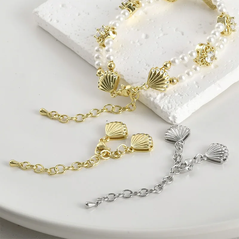 

Copper Plated 14k Gold Color Zircon Inlaid Shell Double Row Pearl Finishing Chain Buckle DIY Handmade Necklace Accessories