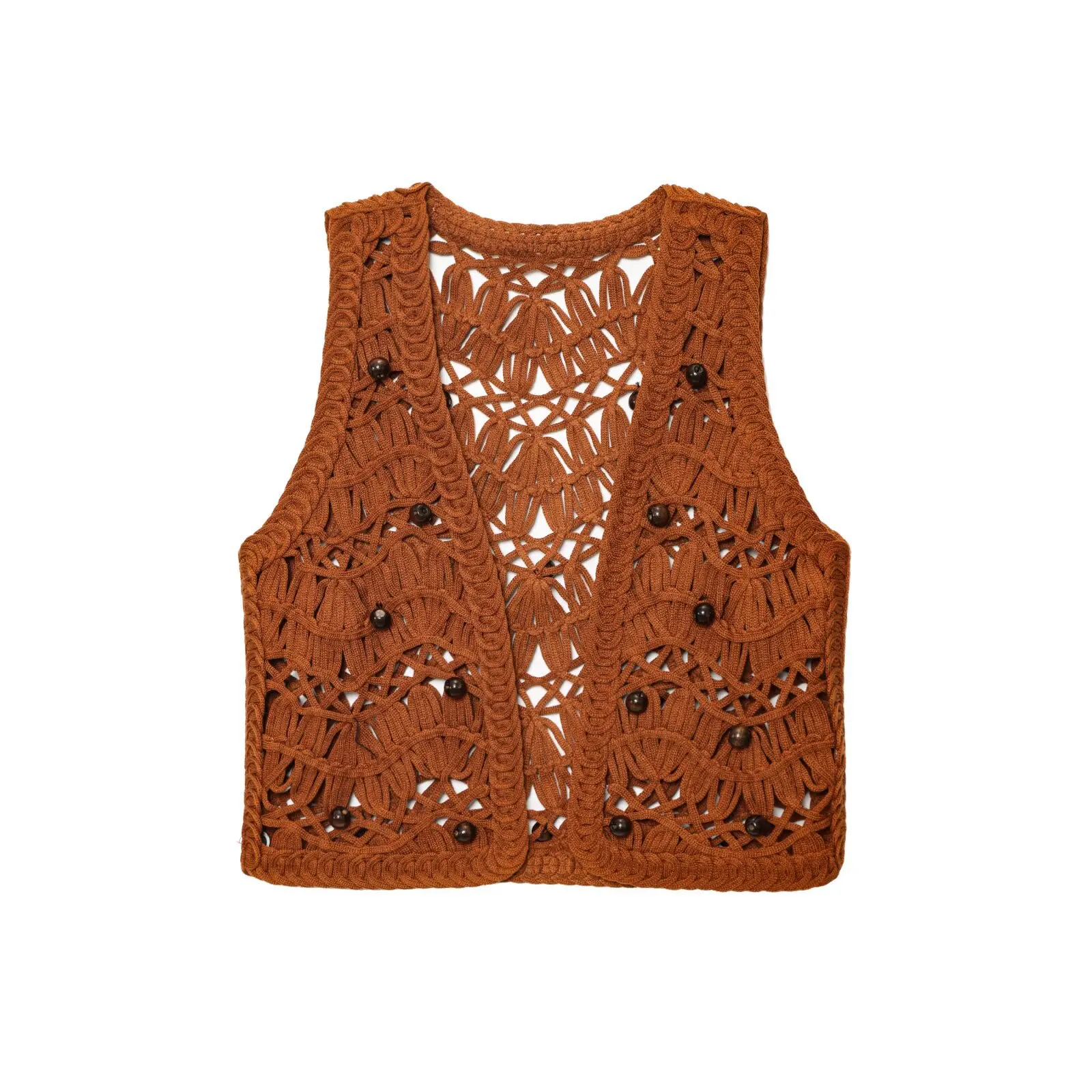 

2025 Women's New Cardigan Summer Russet Sleeveless Knit Vest Cardigan Beaded Decoration Casual Fashion Sexy and Versatile