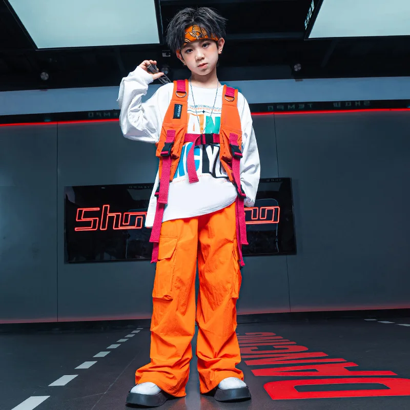 Kid Kpop Hip Hop Clothing Letters Print Sweatshirt Top Orange Casual Ruched Cargo Pants for Girl Boy Jazz Dance Costume Clothes