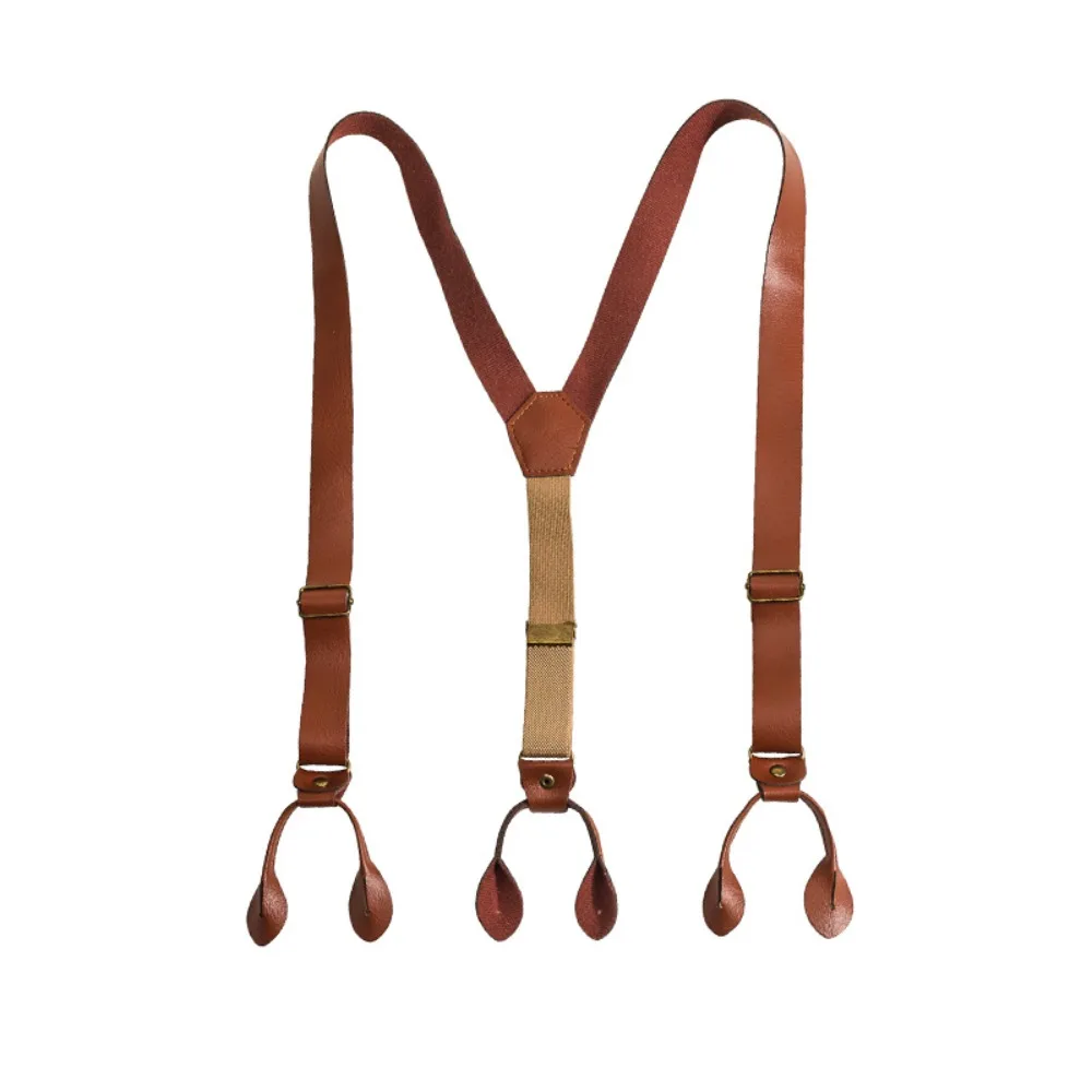 Fashion Y-Type Suspenders for Men Retro Anti-slip Buttoned Suspenders Suit Accessories British Style PU Leather Suspenders Suit