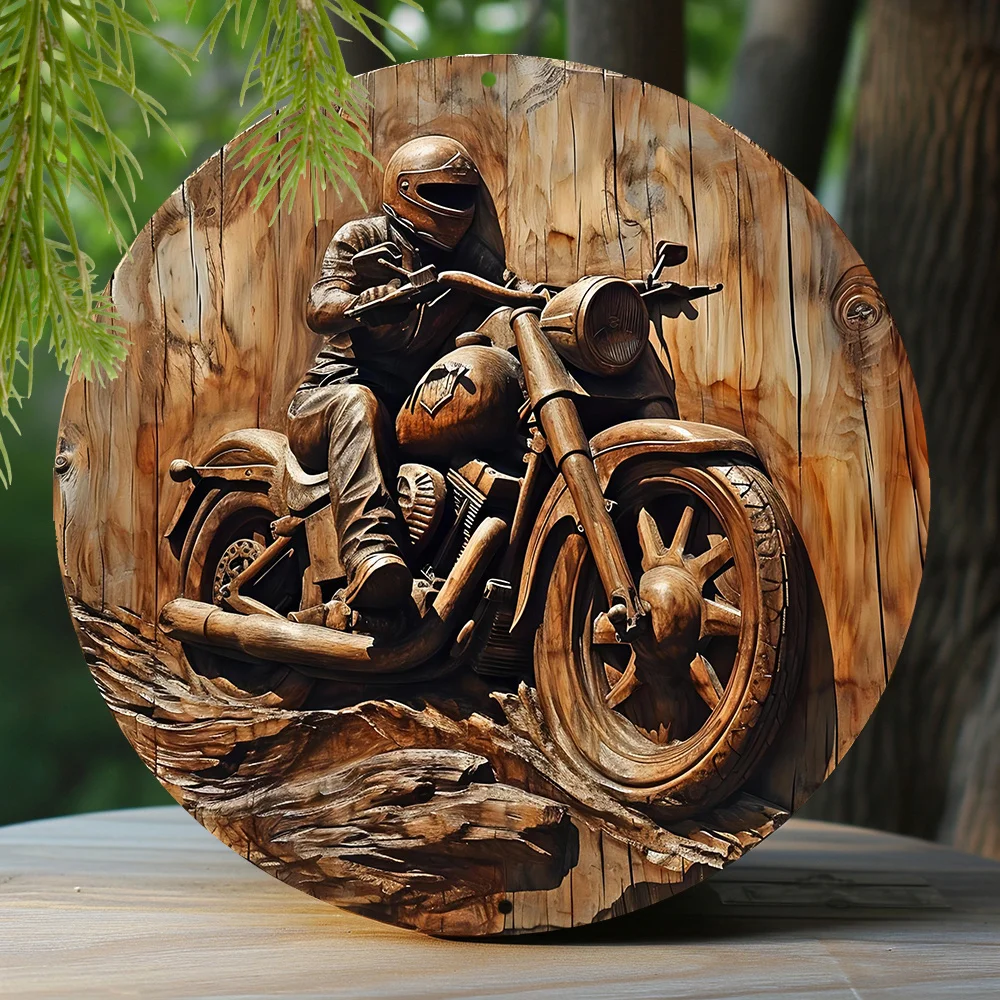 Round Metal Sign Faux Wooden Carved Painted Circular Wreath Sign Entrance Decoration Gifts Motorcycle Themed Decoration