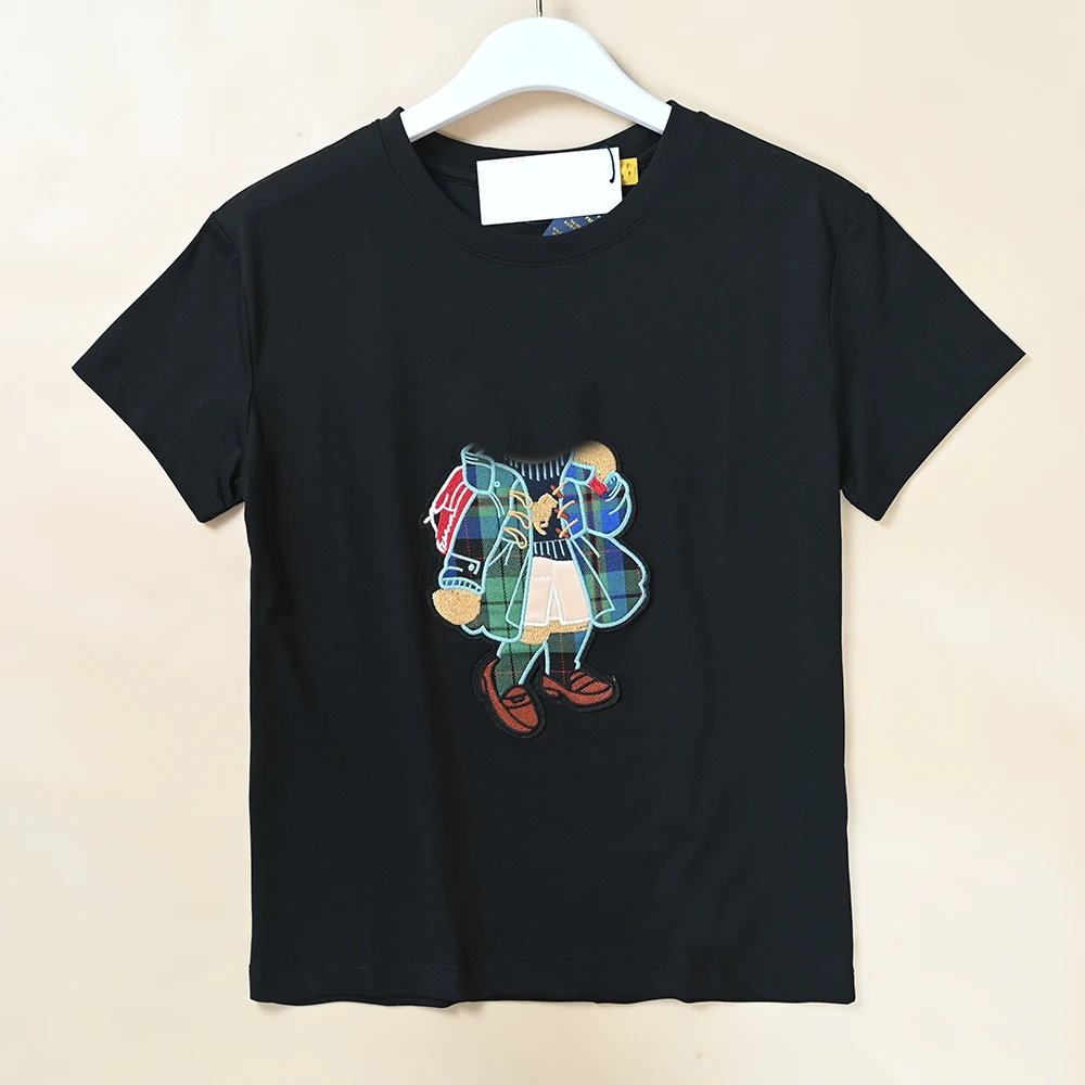 

Женская летняя новая футболка с круглым вырезом и коротким рукавом, с вышивкой и аппликацией, с мультяшным рисунком, приталенная, из хлопка, повседневная, модная