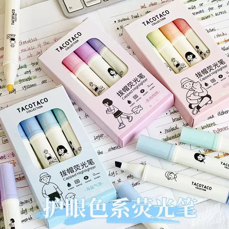 4Pcs/Set Cartoon Highlighter Fluorescent Marker Pen Student Art Drawing Doodling Marking School Office Kawaii Stationery