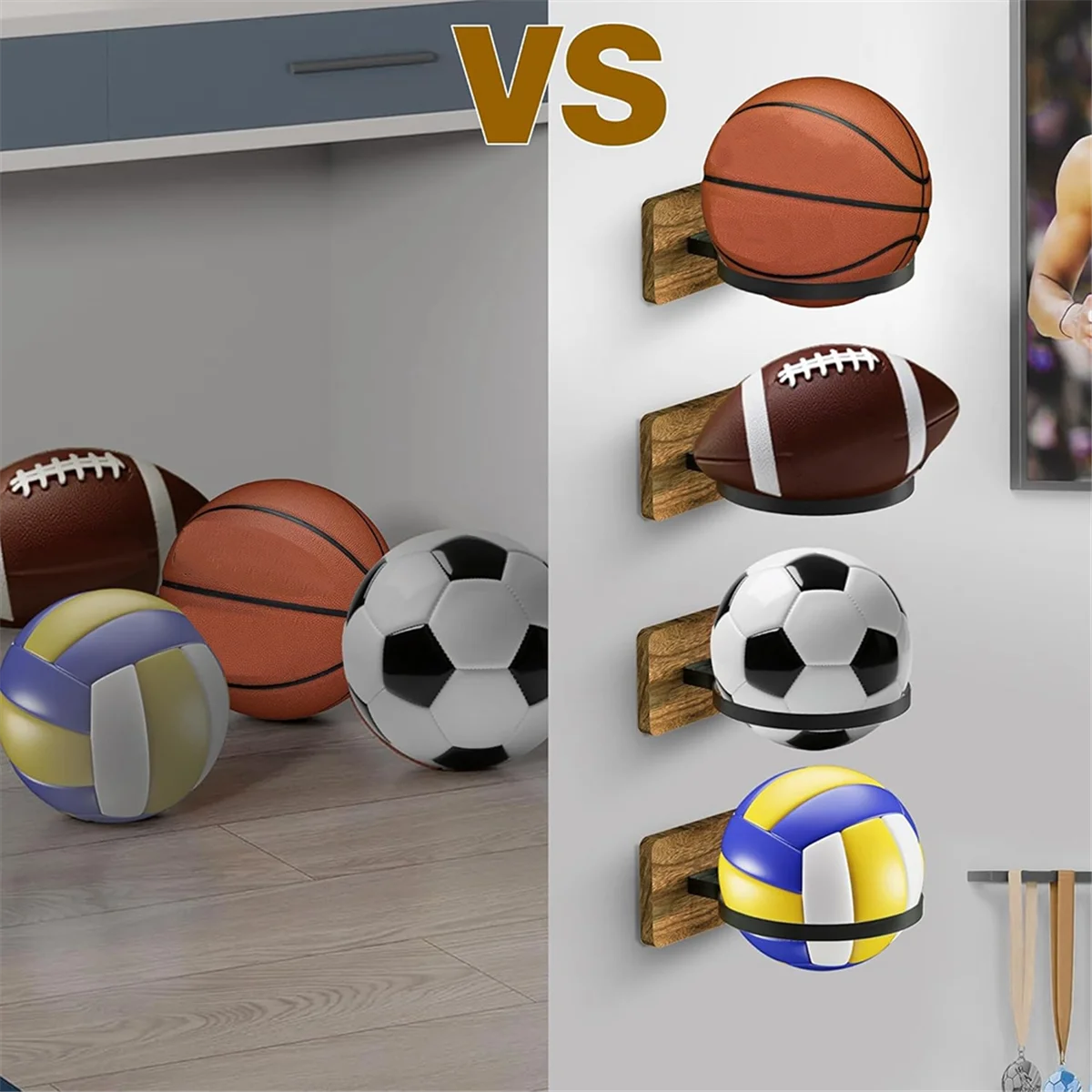 

AA74 4 шт. баскетбольный деревянный держатель настенное крепление, держатель для хранения мячей для футбола, баскетбола, футбола, регби, стеллаж для выставки товаров