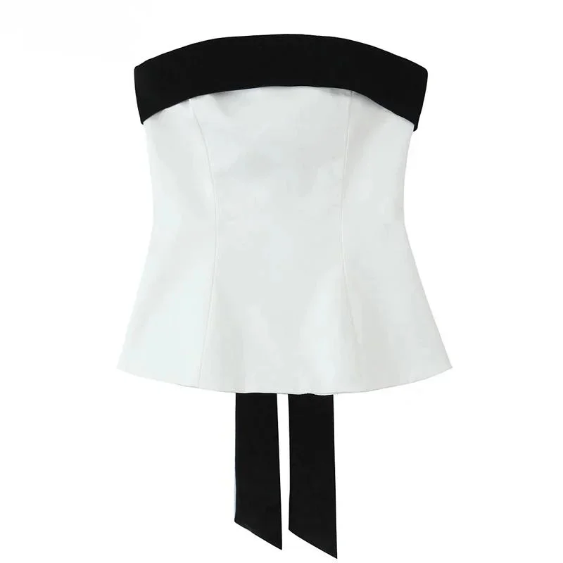 Bow Decorate Off Shoulder White Crop Top Women Strapless Corset Ladies Tube Top  Velvet Lace Up Butterfly Backless Slim Tank Top