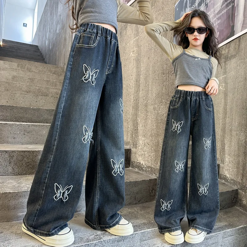 

Autumn Girl Butterfly Denim Jeans Children's Spring Clothing Denim Pants Kids Casual Wide Leg Long Trousers Age 4-14 Years