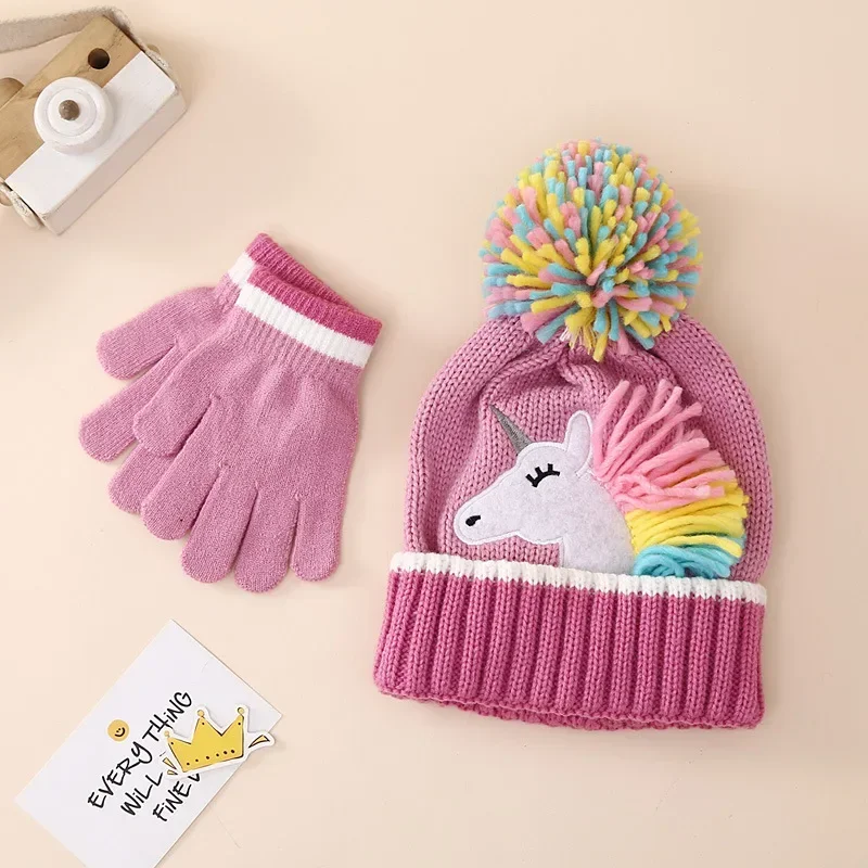 Ensemble de chapeaux et gants d'hiver licorne mignons pour filles, bonnets tricotés roses pour filles, pompon coloré, joli cadeau pour fille