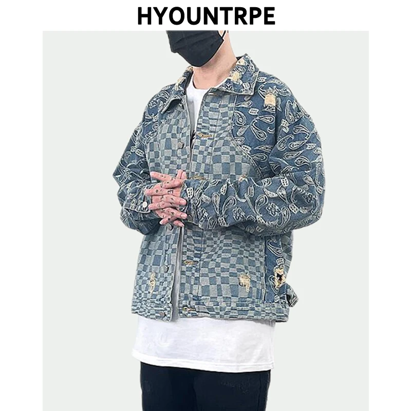 

Hip Hop Denim Jacket Streetwear Mens Fashion Paisley Denim Jean Coats New Casual Patchwork Plaid Harajuku Autumn Cotton Jackets