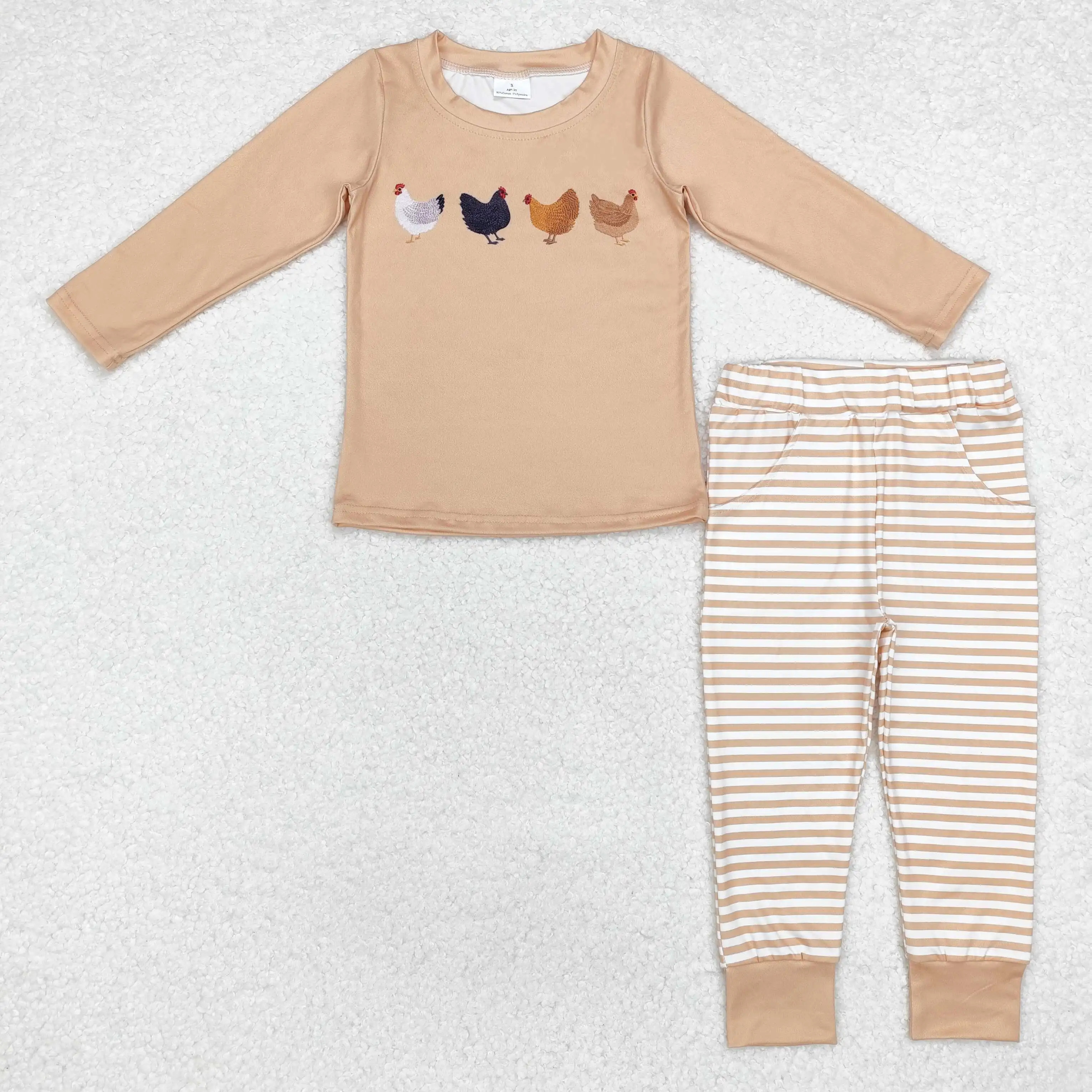 

NEW RTS Boys Brown Suit Wholesale Boutique Infant Boy Chick Pattern Autumn Long Sleeve Pants Suit