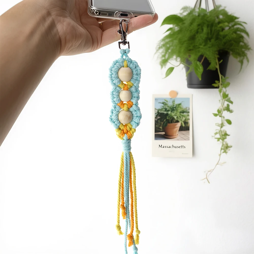 Bohemian Macrame Keychain Kit with Wood Beads - Beginner-Friendly DIY Handcraft Material Set for Making Keychain Charms