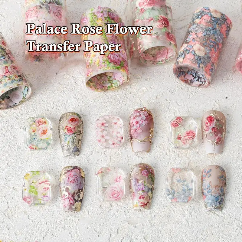 Folhas de Transferência para Unhas com Estampa de Rosas de 450cm - Adesivos e Sliders Florais para Nail Art, Decalques DIY para Manicure com Esmalte e
