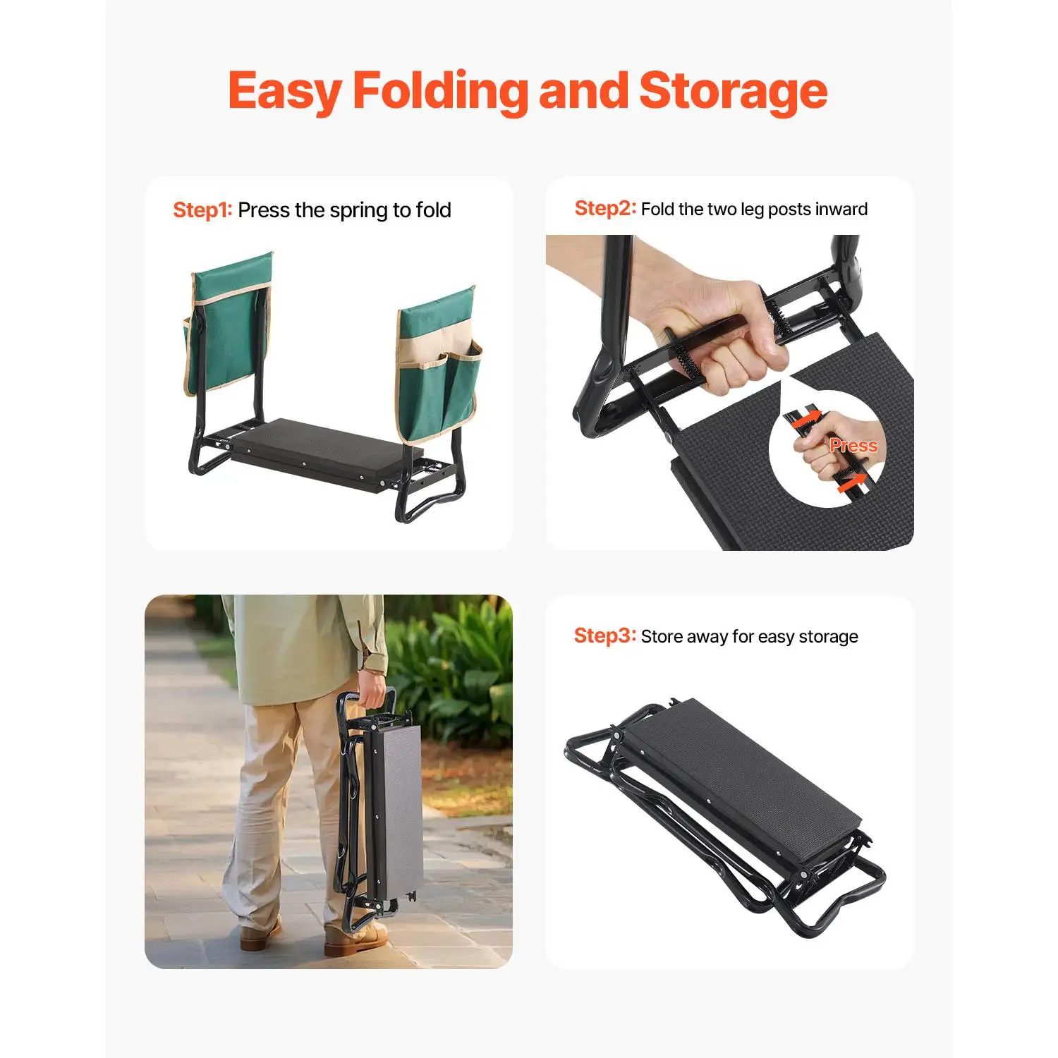Heavy Duty Folding Garden Kneeler and Seat with 8 Inch Wide Pad and Two Tool Bags Portable Garden Bench for Knee and Back Support