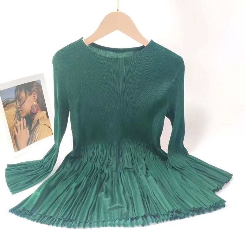 

Miyake Fold, осенние новые женские плиссированные топы, простая футболка с круглым вырезом и длинными рукавами, тонкая женская одежда, женский топ без морщин