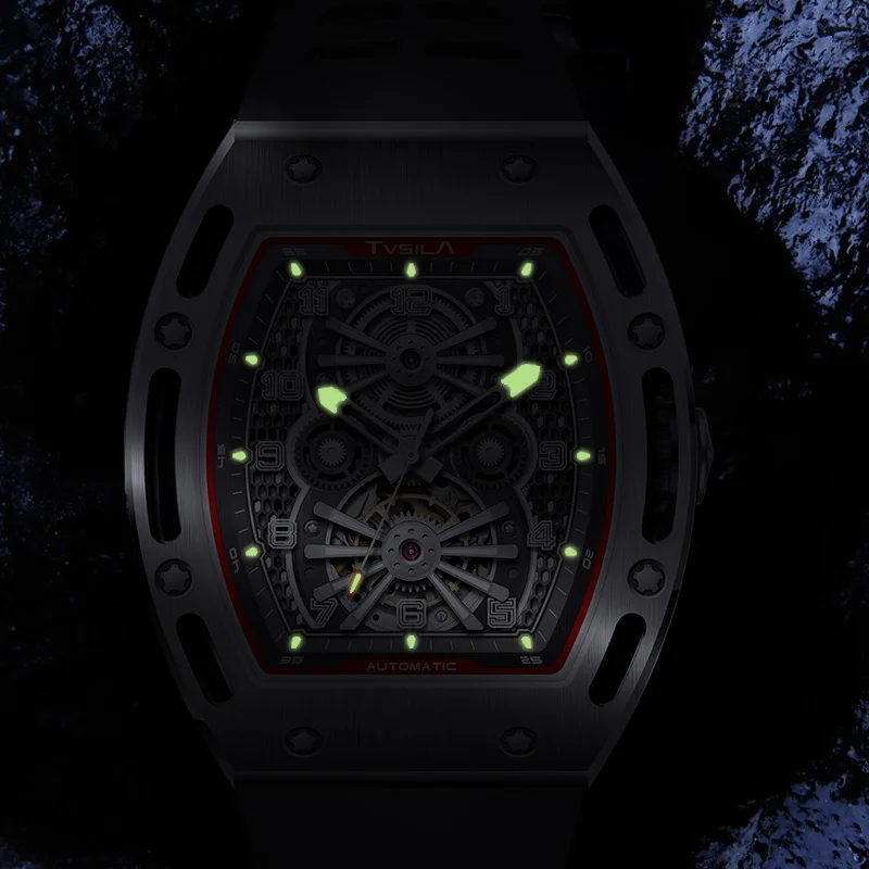 TVSILA Original Miyota Men's Automatic Mechanical Watch Stainless Steel Case Silicone Band Skeleton Waterproof Sport Wristwatch - Image 6