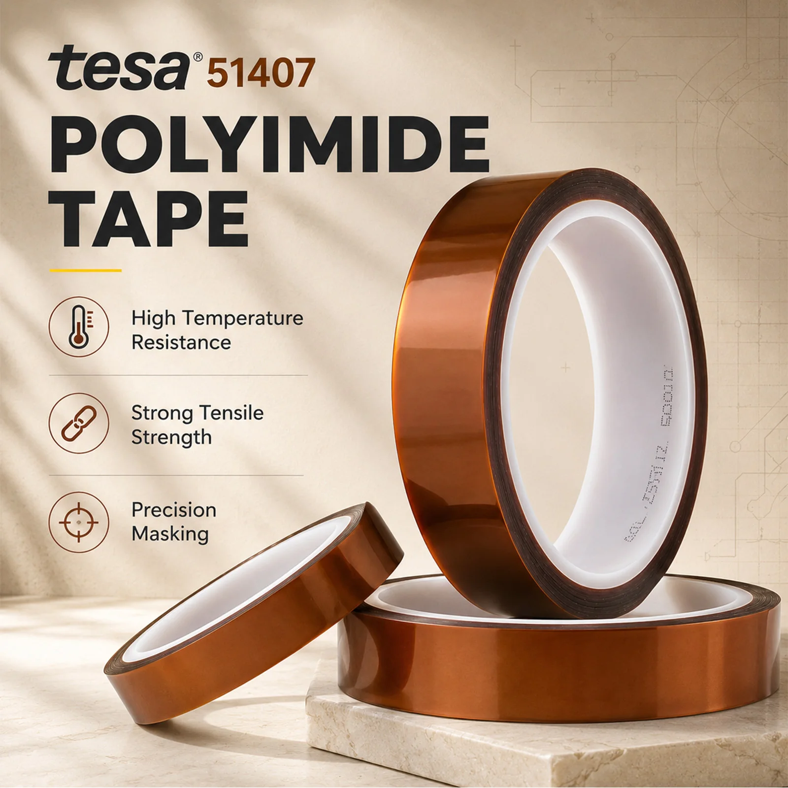 Tesa Polyimide PI Kapton Tape High Temperature Resistant Electrical Insulation Tape for PCB Solder Masking Battery Motor