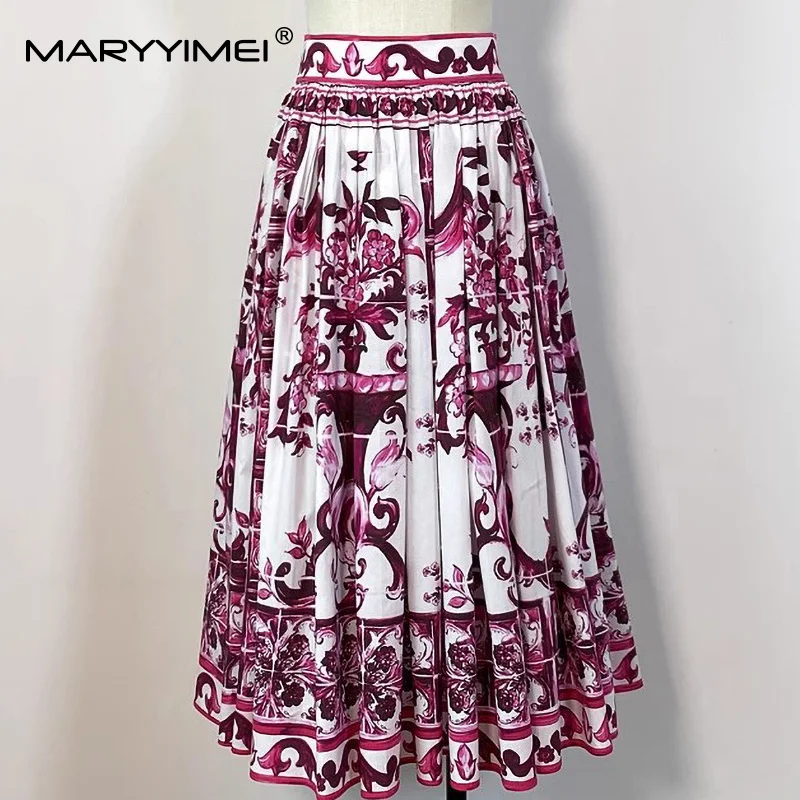 

Seifrmann Summer New Women Baroque print Cotton Fashion Big Swing A-Line Pleated Skirt