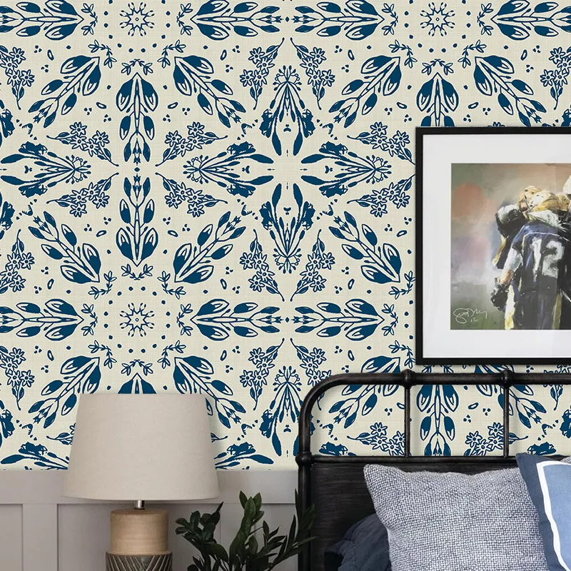 Indigo Blue Mandala Floral Peel and Stick Wallpaper Linen Texture Self Adhesive Contact Paper for Bedroom Cabinets Rental Decor