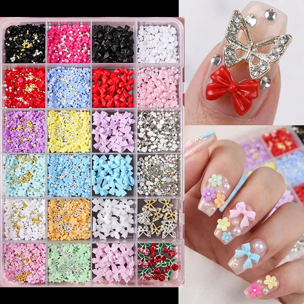 

24Grids Multi-Color 3D Resin Flowers Bows Nail Charms Metal Cherry Butterfly & Rhinestone Nail Decoration DIY Manicure Supplies