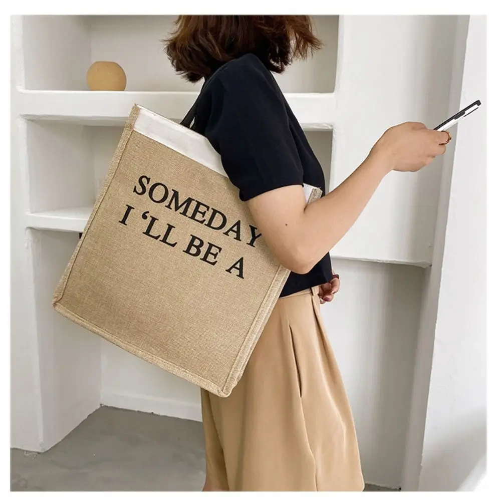 Sac fourre-tout en toile pour femme, sac à main portable, grande capacité, sac de rangement pour le shopping, réutilisable, impression de lettres, initié, cuillère à soupe