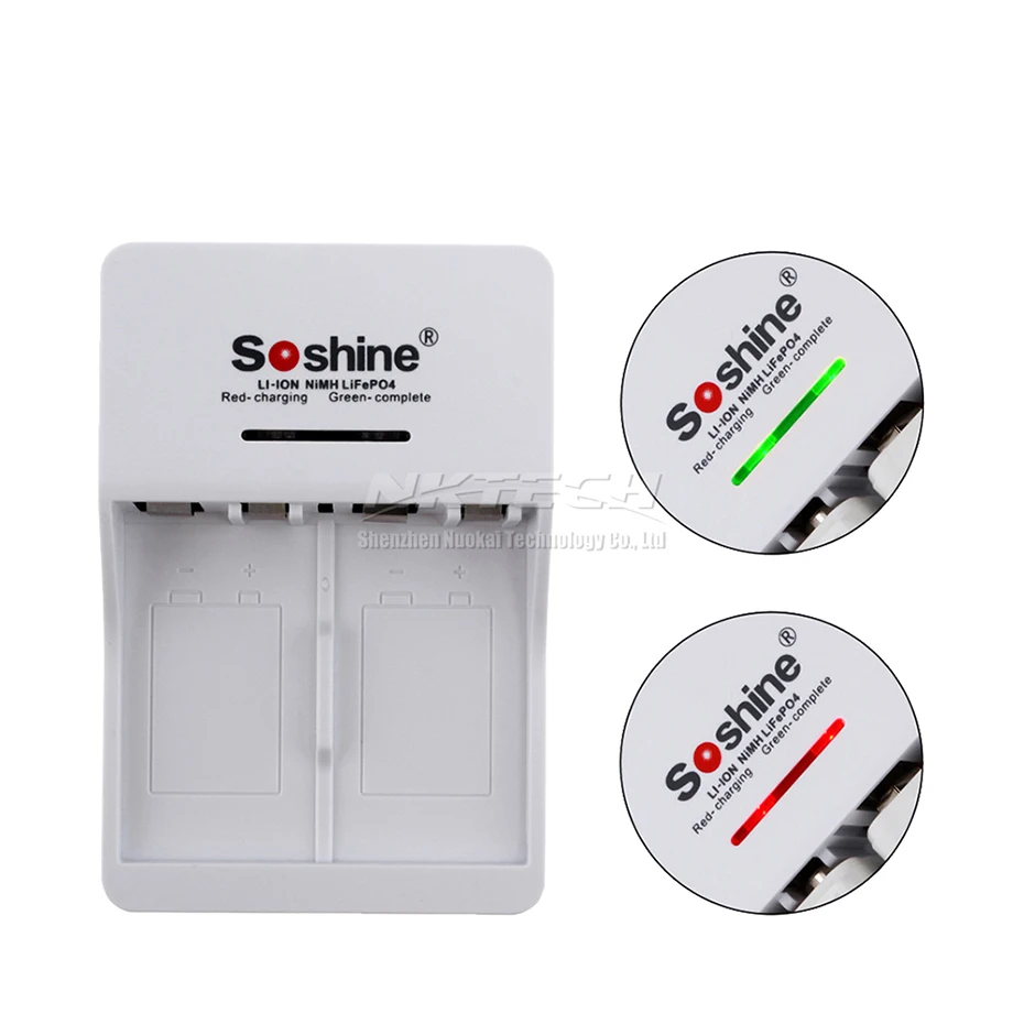 Soshine 9V Li-ion Ni-MH Battery Charger Smart SC-V1 6F22 Rechargeable Lithium LiFePO4 Batteries Chargers 2-Slot Input AC 90-260V