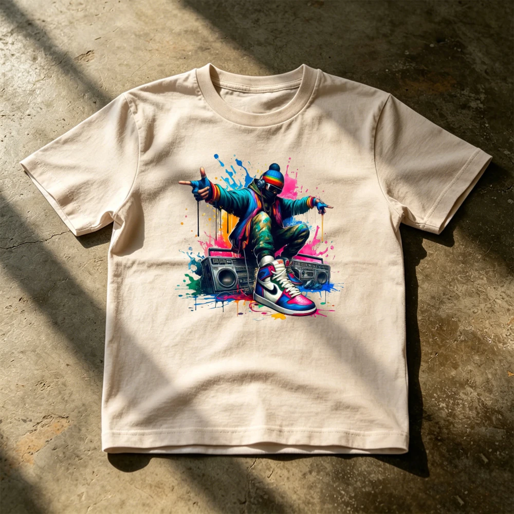 Hip Hop Graffiti Boombox Dancer Character Men Urban Streetwear T Shirt Old School Music Art Vibrant Graphic Tees