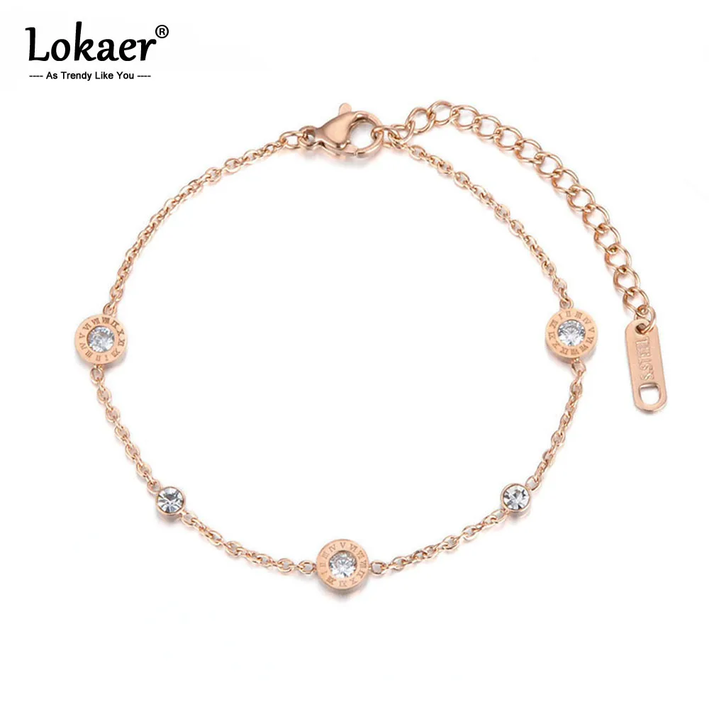 Lokaer klasyczne cyfry rzymskie cyrkonia łańcuszek i ogniwa bransoletki biżuteria ze stali tytanowej Charms bransoletka dla kobiet B18019