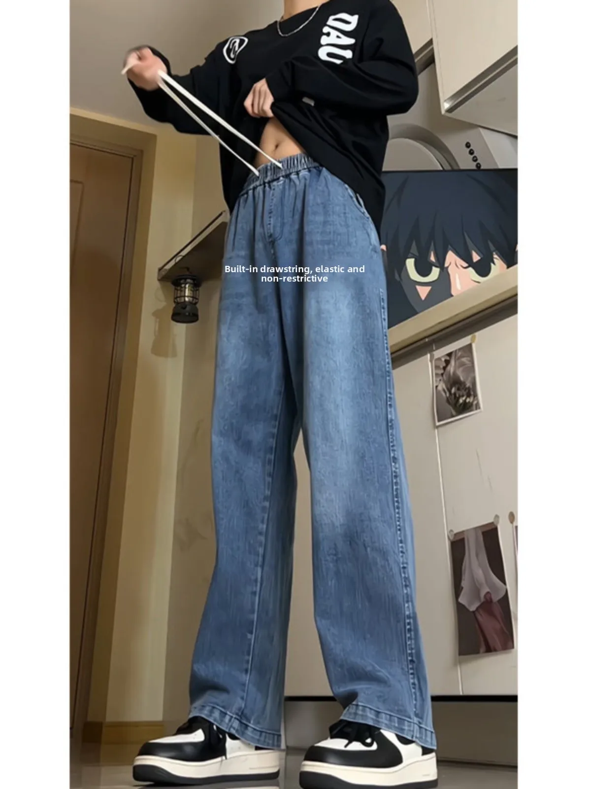 

Retro Blue High Waist Straight Leg Jeans Men's Spring Autumn Trendy American High Street Vibe Waed out Loose Fit Jeans