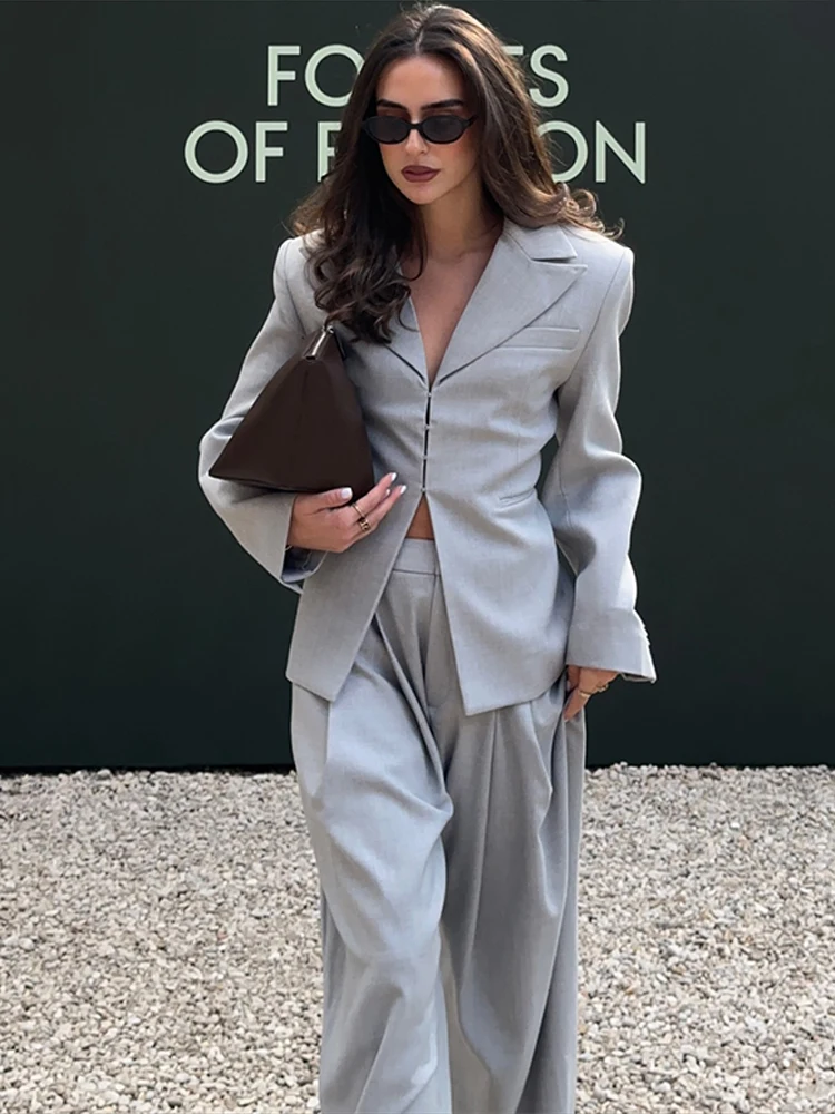 

Casual V-neck Blazer Pants Set Women Single Breasted Pocket Jacket Wide Leg Trousers Lady Suit 2025 Elegant 2 Pieces Sets Female