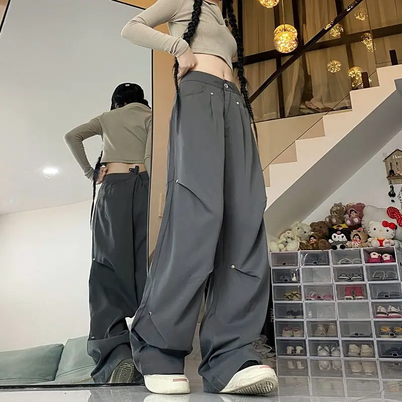 Summer 2026 Women's Wide Leg Cargo Pants High Waist Floor Length Trousers Relaxed Fit with Stud Detail Edgy Chic Style