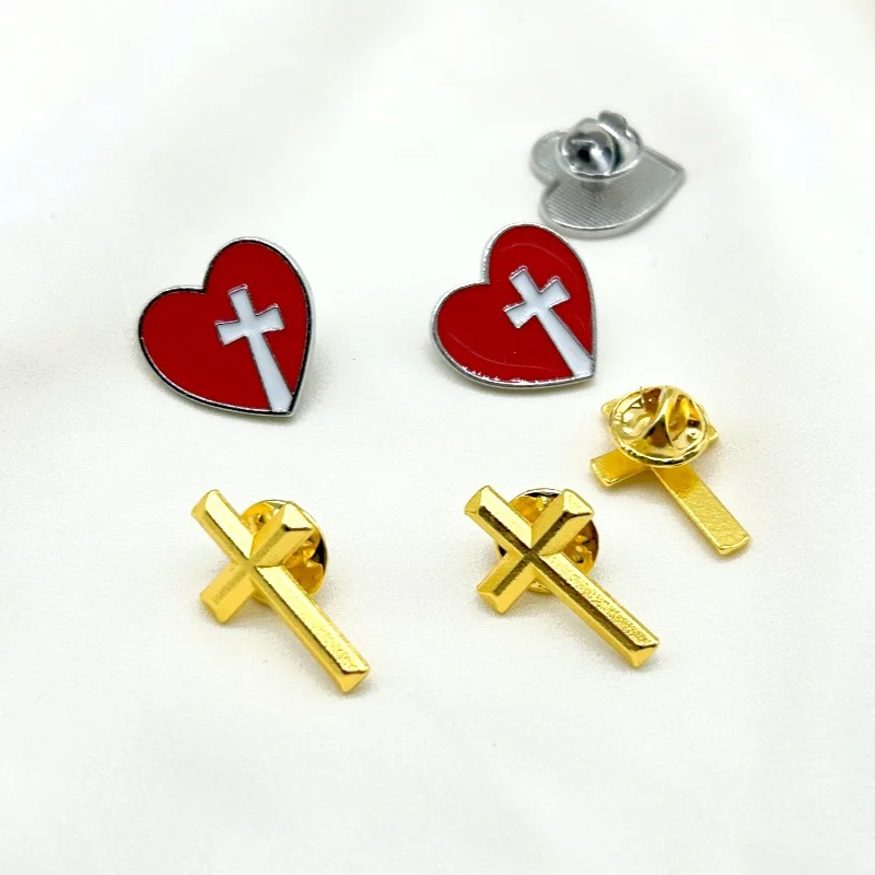 20pcs Christian Cross Enamel Lapel Pin Heart Shape Cross Brooch Zinc Alloy Badge Religious Faith Clothes Backpack Hat Decorative