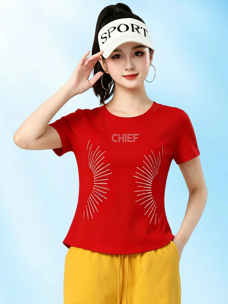 camiseta-casual-curta-com-glitter-yang-li-para-danca-top-feminino-de-fitness-em-algodao-e-poliester-com-mangas-curtas-e