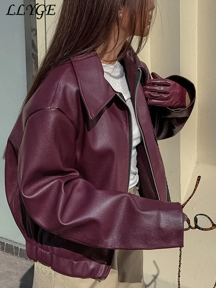 Fashion Wine Red Leather Jacket Women Loose Lapel Long Sleeve Zipper Pleated Pu Coat 2024 Autumn Lady Street Locomotive Outwears