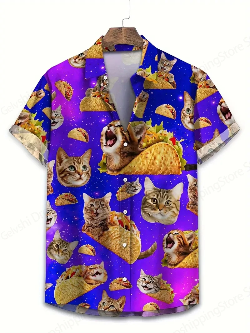 Kitten Pattern Hawaiian Shirt Funny Pizza Cat Print Shirt Men Women Fashion Short Sleeve Shirts Beach Animal Blouse Unisex Top