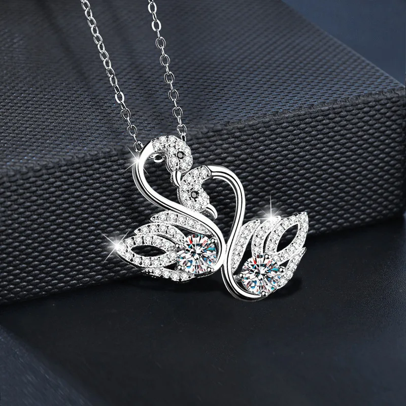 Light luxury 925 sterling silver double swan moissanite necklace for women, anniversary valentine's day gift