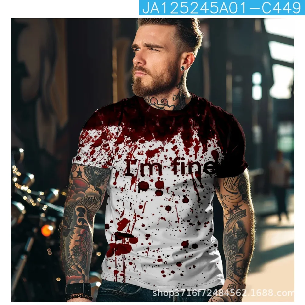 2024 جديد أنا غرامة بقع الدم هالوين الشارع موضة ثلاثية الأبعاد الرجال الجولة الرقبة تي شيرتات قصيرة الاكمام الصيف عادية جودة عالية