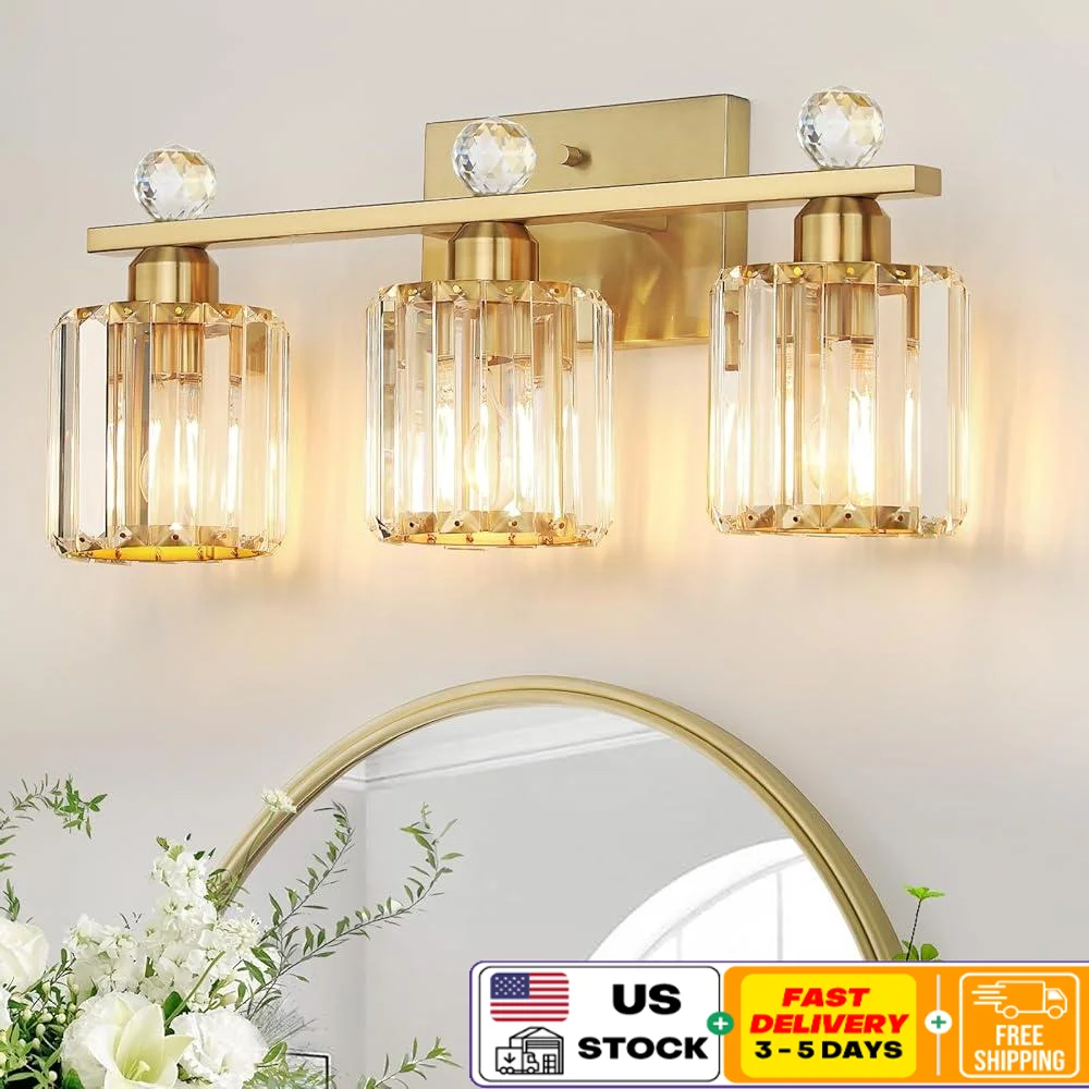 

Modern 3-Light Gold Bathroom Vanity Light Fixture with Clear Crystal Shades Elegant Home Illumination