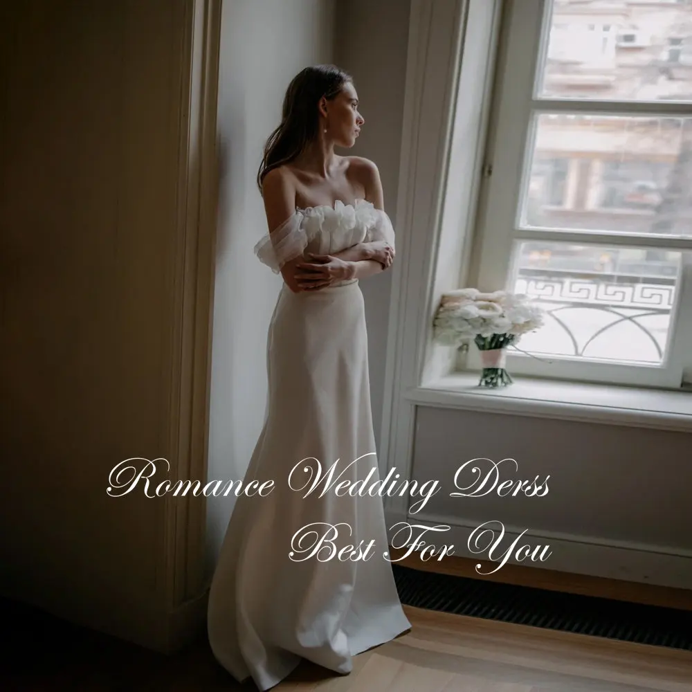 Gaun Pengantin A-Line Modern Motif Bunga Wanita 2026 Tanpa Tali Model Off Shoulder Sweep Train Punggung Terbuka Vestidos De Novia Dapat Disesuaikan