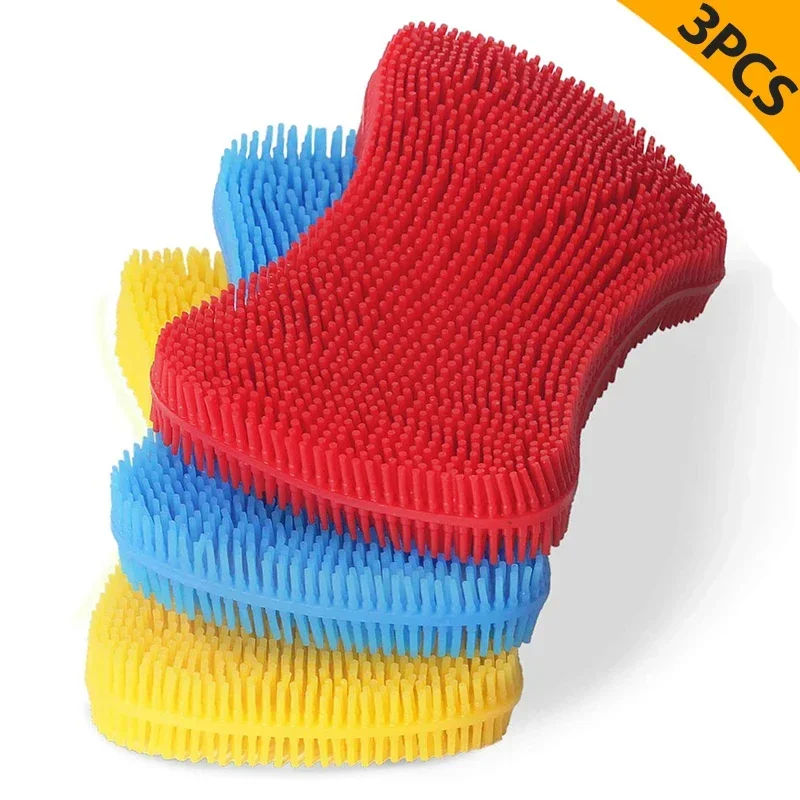 

3Pcs Silicone Dish Washing Brush Pot Pan Sponge Kitchen Cleaning Brush Silicone Scouring Pad Vegetable Fruit Pot Pan Wash Brush