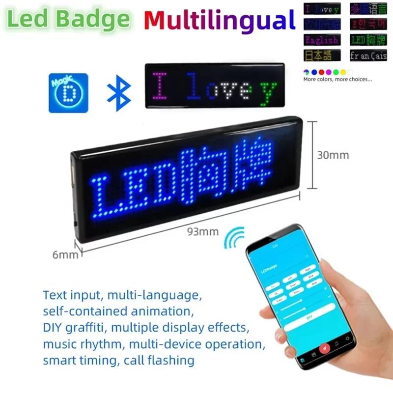 SUNRI-Multilingue LED Distintivo Digitale USB Ricaricabile FAI DA TE Programmabile Testo Nome Distintivo Scorrimento Tag Segno Modulo Display