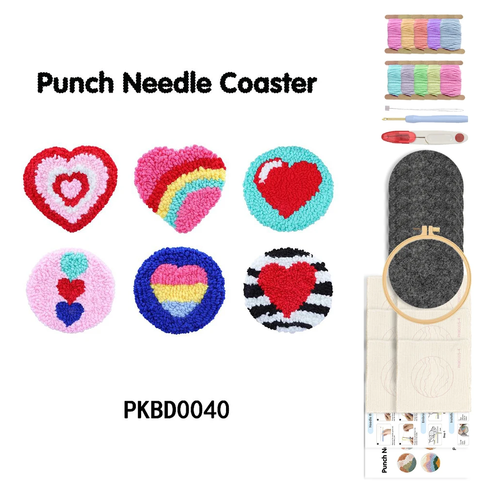 

6pcs/set Punch Needle Embroidery Coaster Kits DIY heart-shaped Cup Mat Set Handmade Sewing Hobby Craft Valentine's Day gift